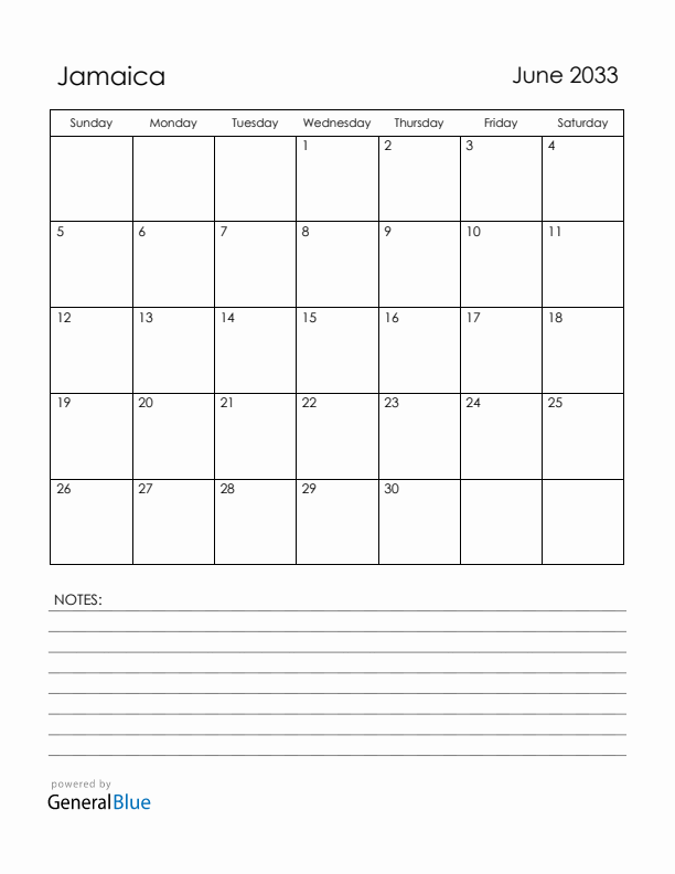 June 2033 Jamaica Calendar with Holidays (Sunday Start)