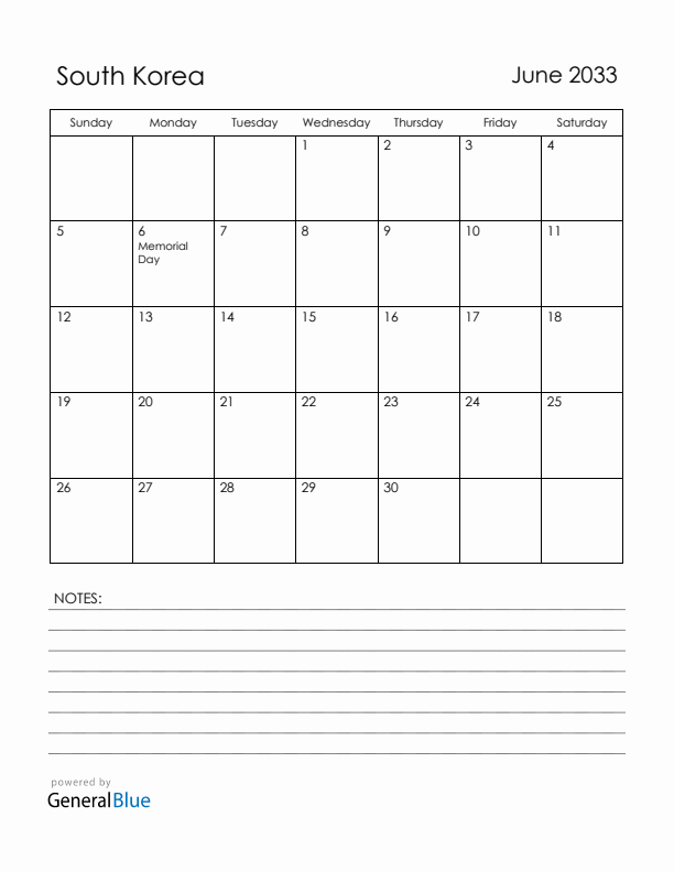June 2033 South Korea Calendar with Holidays (Sunday Start)