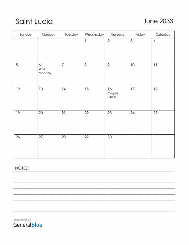 June 2033 Saint Lucia Calendar with Holidays (Sunday Start)