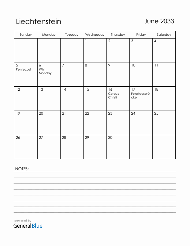 June 2033 Liechtenstein Calendar with Holidays (Sunday Start)