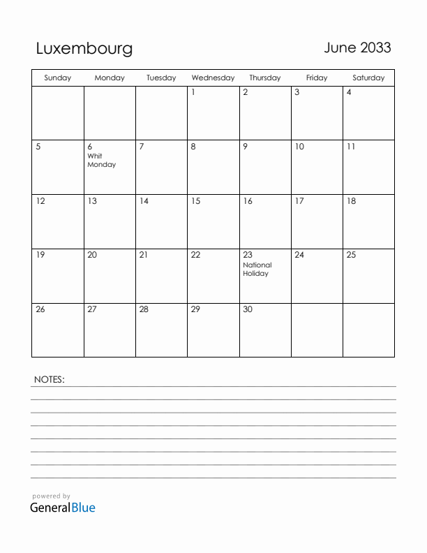 June 2033 Luxembourg Calendar with Holidays (Sunday Start)