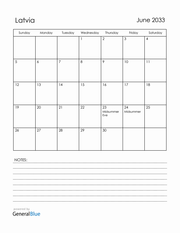 June 2033 Latvia Calendar with Holidays (Sunday Start)