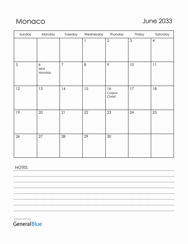 June 2033 Monaco Calendar with Holidays (Sunday Start)