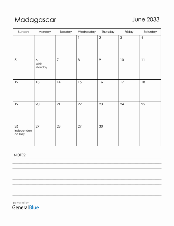 June 2033 Madagascar Calendar with Holidays (Sunday Start)