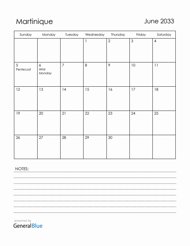 June 2033 Martinique Calendar with Holidays (Sunday Start)