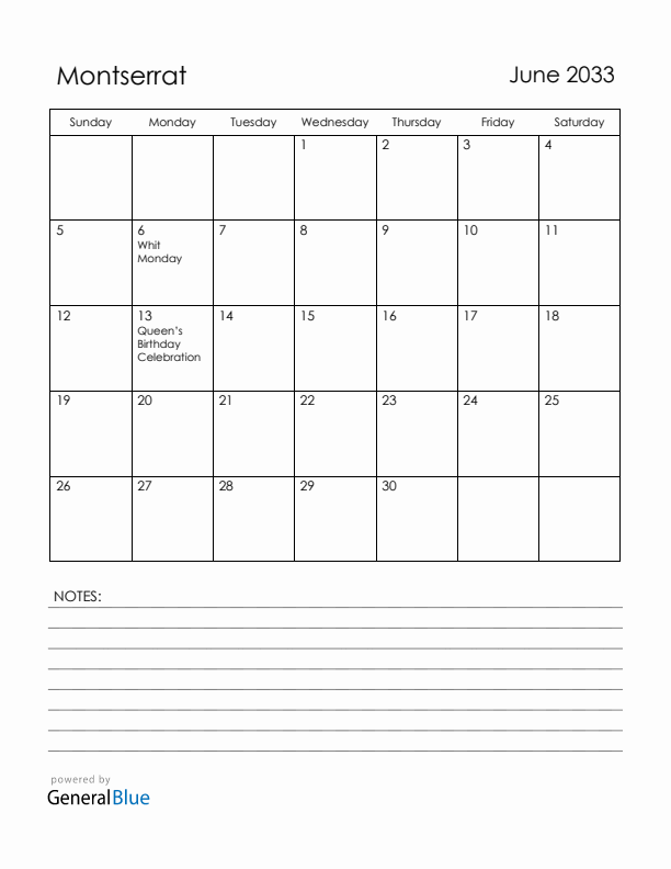 June 2033 Montserrat Calendar with Holidays (Sunday Start)