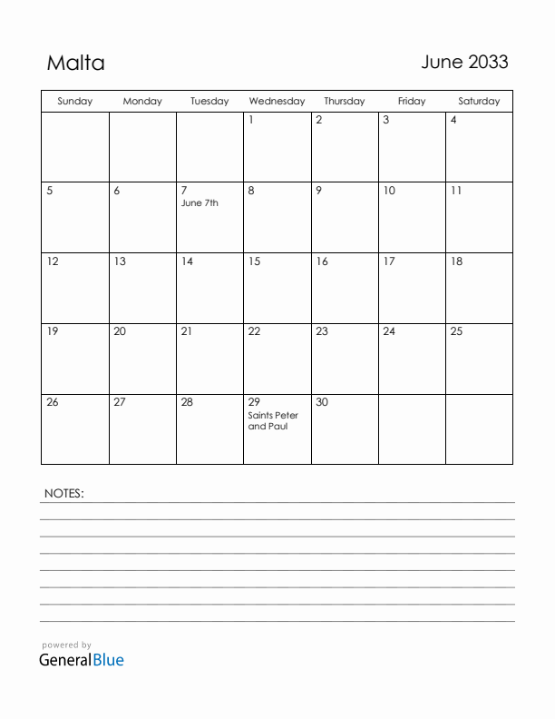 June 2033 Malta Calendar with Holidays (Sunday Start)