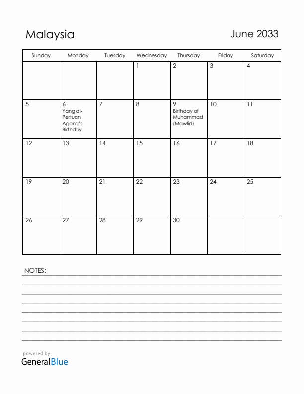 June 2033 Malaysia Calendar with Holidays (Sunday Start)
