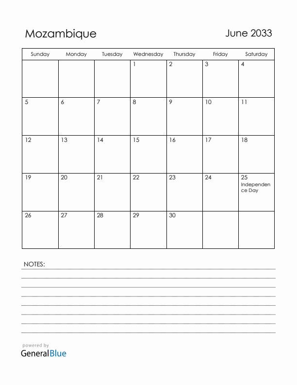 June 2033 Mozambique Calendar with Holidays (Sunday Start)