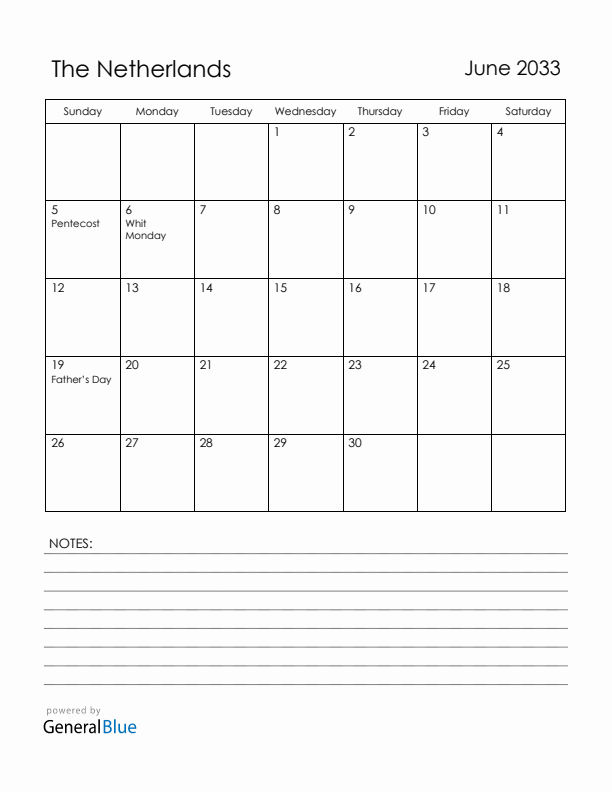 June 2033 The Netherlands Calendar with Holidays (Sunday Start)