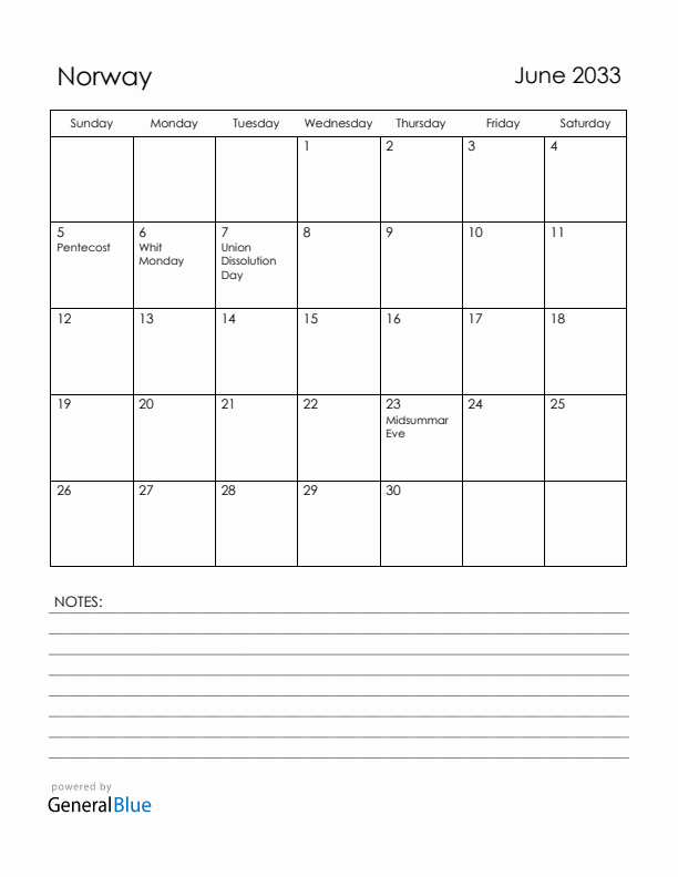 June 2033 Norway Calendar with Holidays (Sunday Start)
