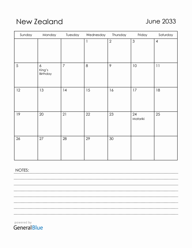 June 2033 New Zealand Calendar with Holidays (Sunday Start)