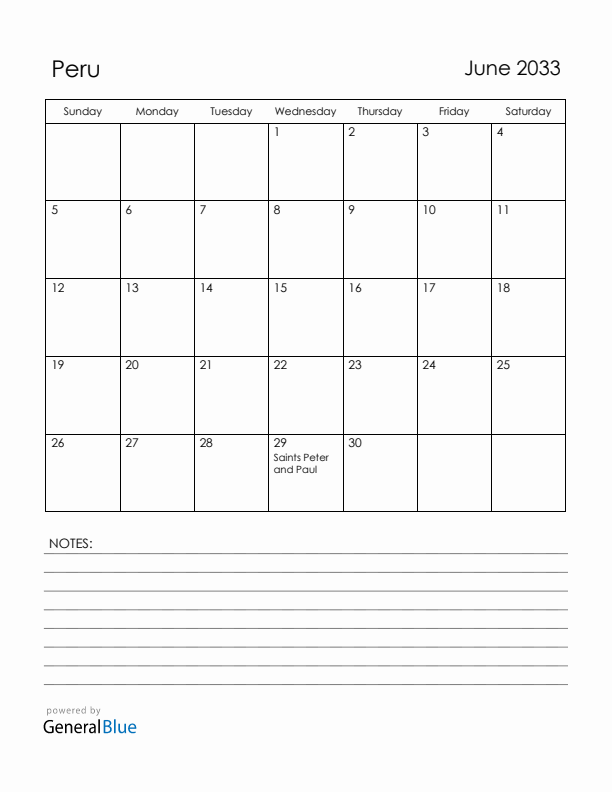 June 2033 Peru Calendar with Holidays (Sunday Start)