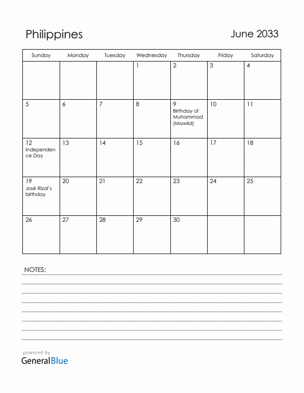 June 2033 Philippines Calendar with Holidays (Sunday Start)