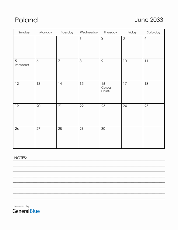 June 2033 Poland Calendar with Holidays (Sunday Start)