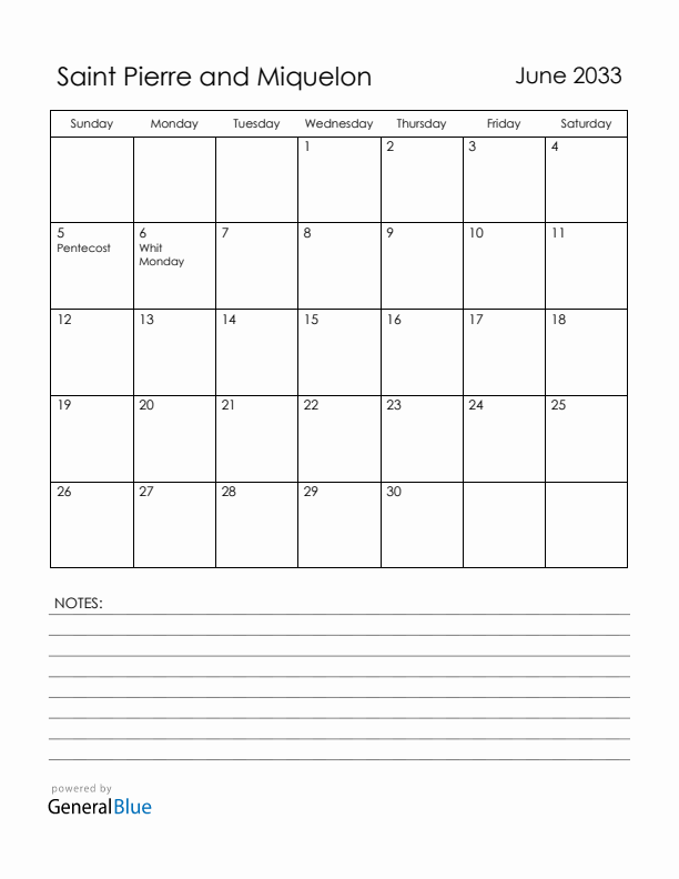 June 2033 Saint Pierre and Miquelon Calendar with Holidays (Sunday Start)