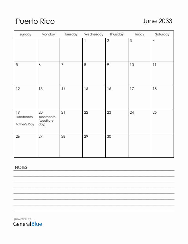 June 2033 Puerto Rico Calendar with Holidays (Sunday Start)