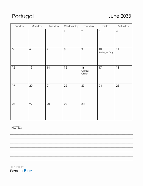 June 2033 Portugal Calendar with Holidays (Sunday Start)