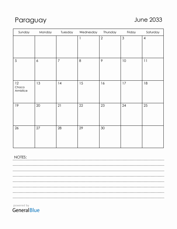 June 2033 Paraguay Calendar with Holidays (Sunday Start)