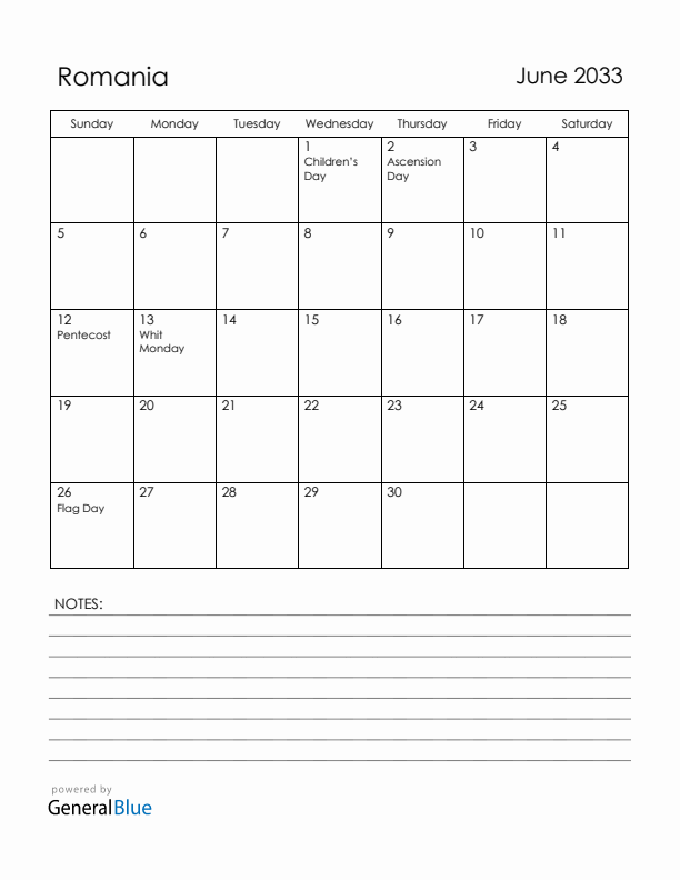 June 2033 Romania Calendar with Holidays (Sunday Start)