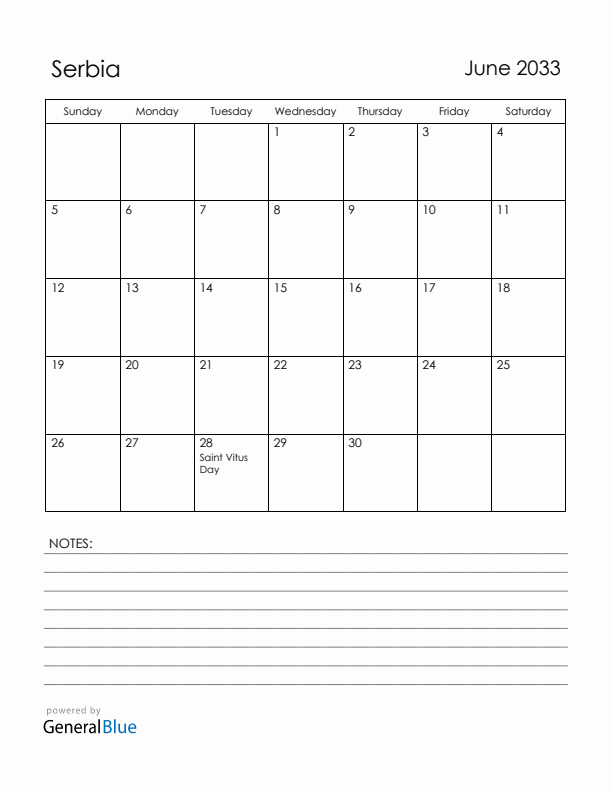 June 2033 Serbia Calendar with Holidays (Sunday Start)