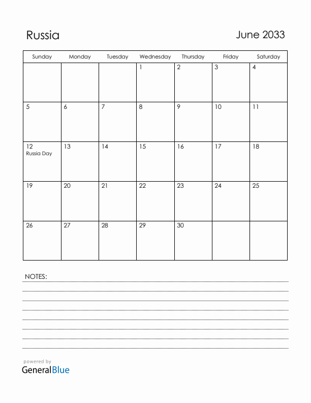 June 2033 Russia Calendar with Holidays (Sunday Start)