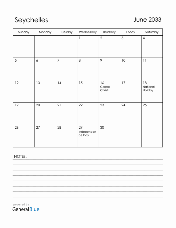 June 2033 Seychelles Calendar with Holidays (Sunday Start)