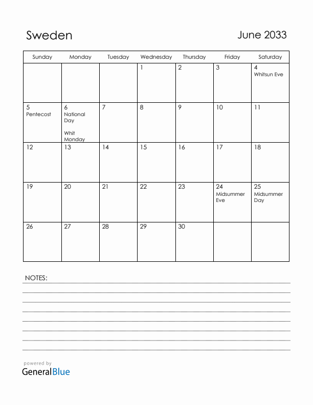 June 2033 Sweden Calendar with Holidays (Sunday Start)