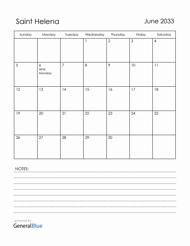 June 2033 Saint Helena Calendar with Holidays (Sunday Start)