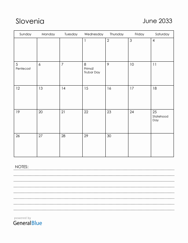 June 2033 Slovenia Calendar with Holidays (Sunday Start)