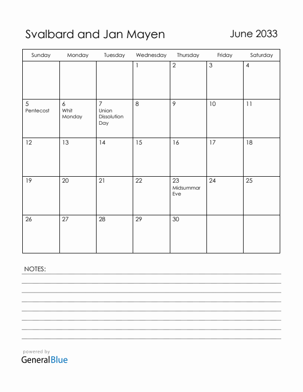 June 2033 Svalbard and Jan Mayen Calendar with Holidays (Sunday Start)
