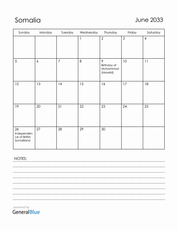 June 2033 Somalia Calendar with Holidays (Sunday Start)