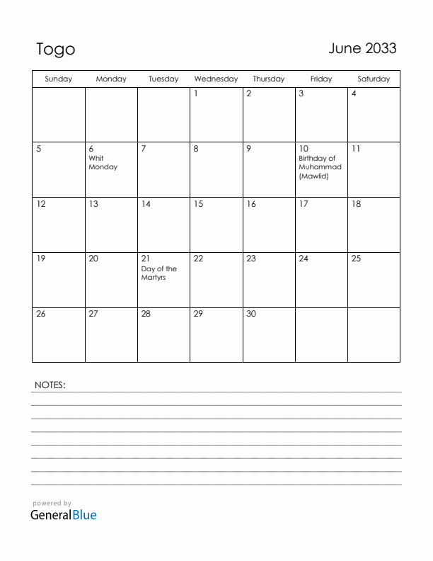 June 2033 Togo Calendar with Holidays (Sunday Start)