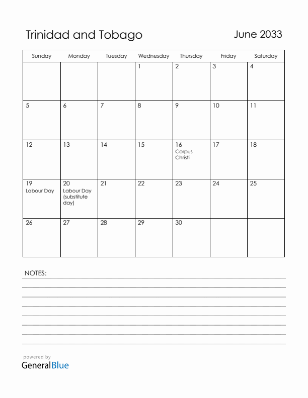 June 2033 Trinidad and Tobago Calendar with Holidays (Sunday Start)