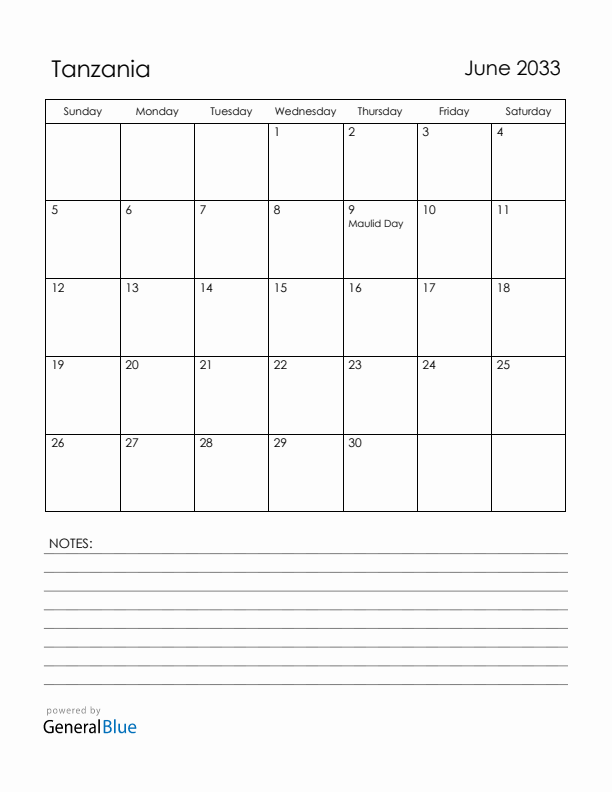 June 2033 Tanzania Calendar with Holidays (Sunday Start)