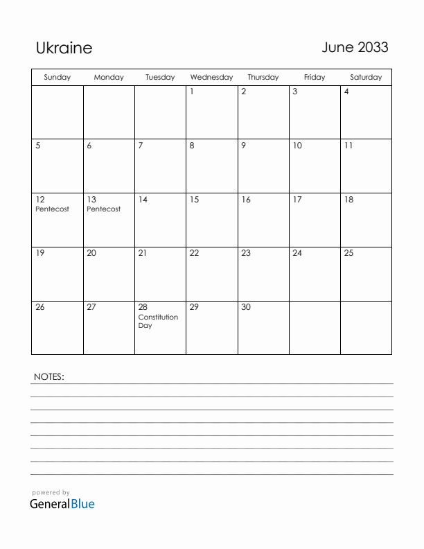 June 2033 Ukraine Calendar with Holidays (Sunday Start)