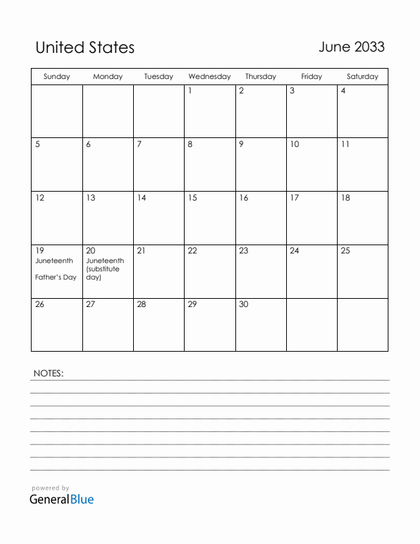 June 2033 United States Calendar with Holidays (Sunday Start)