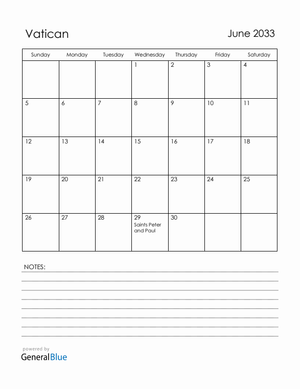 June 2033 Vatican Calendar with Holidays (Sunday Start)