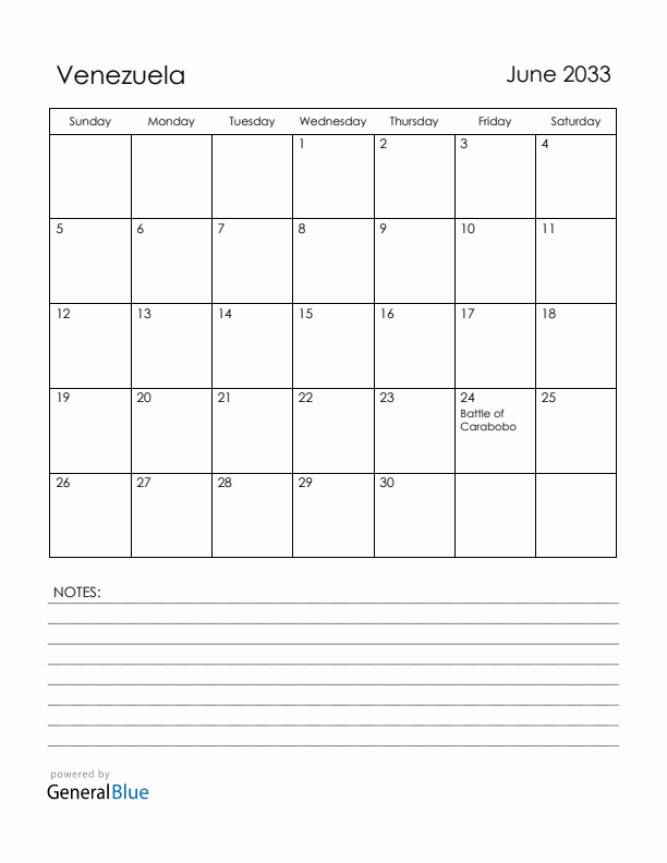 June 2033 Venezuela Calendar with Holidays (Sunday Start)