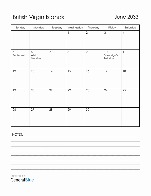 June 2033 British Virgin Islands Calendar with Holidays (Sunday Start)