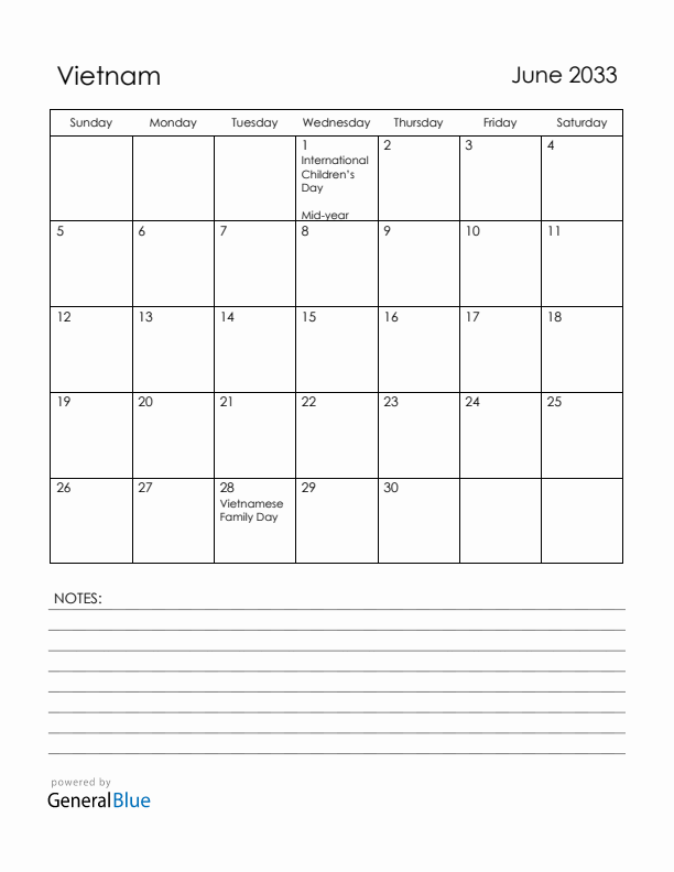 June 2033 Vietnam Calendar with Holidays (Sunday Start)
