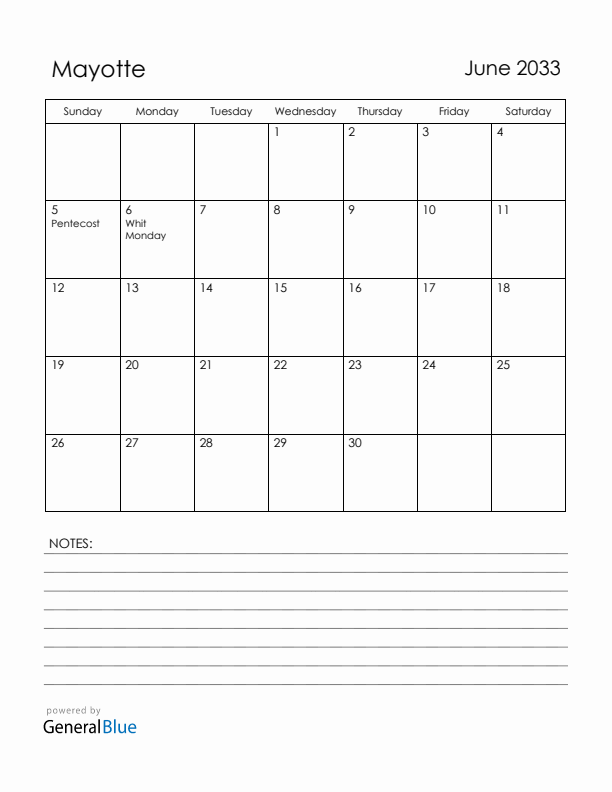 June 2033 Mayotte Calendar with Holidays (Sunday Start)