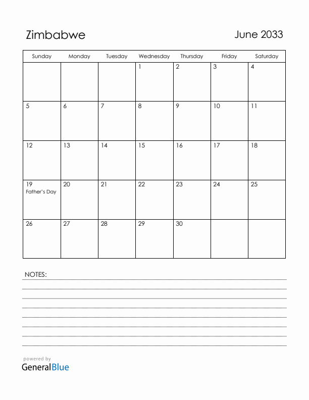 June 2033 Zimbabwe Calendar with Holidays (Sunday Start)