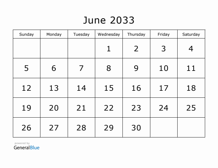 Printable June 2033 Calendar - Sunday Start