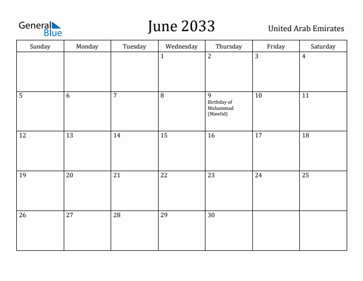 June 2033 Calendar United Arab Emirates