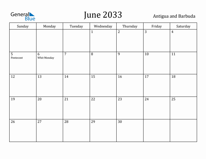 June 2033 Calendar Antigua and Barbuda