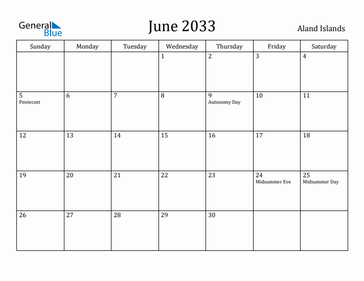 June 2033 Calendar Aland Islands