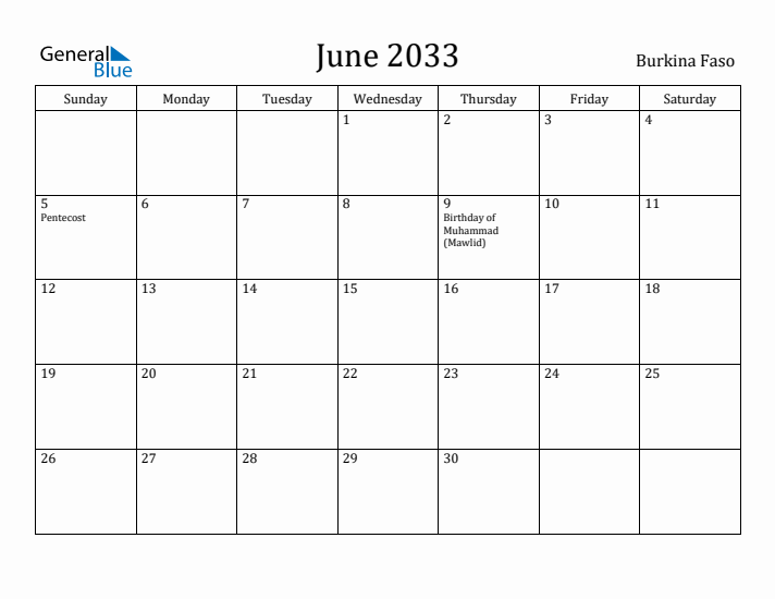 June 2033 Calendar Burkina Faso