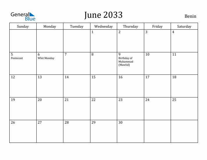 June 2033 Calendar Benin