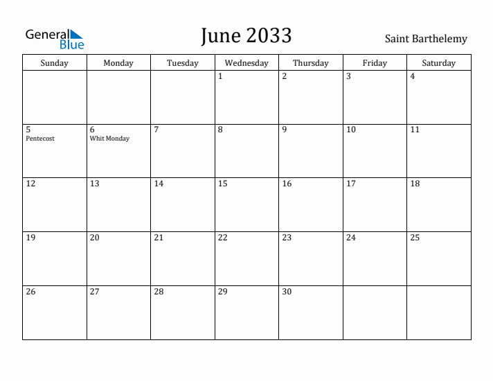 June 2033 Calendar Saint Barthelemy